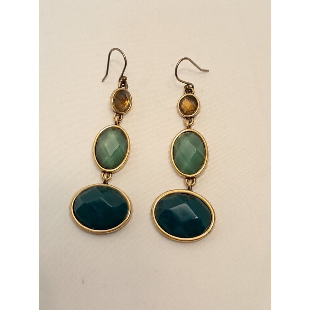 Lucky Brand Green Gold Faceted Ovals Triple Drop 2.25" Earrings Patterned Backs